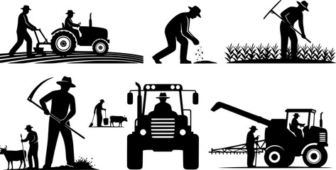 Farmers works in field, Farmer working, Farmer with vehicle silhouettes, Agriculture farmer silhouette, Agriculture farmer, Farmer with vehicle set