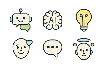 Obraz premium Artificial intelligence icons: robot, brain, lightbulb, speech bubbles, faces