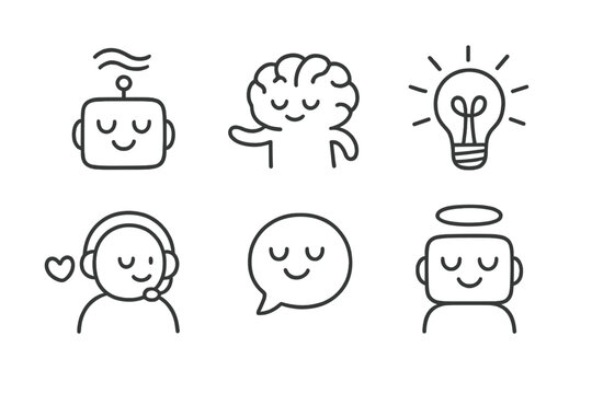Minimalistic icons: robot, brain, lightbulb, chat, customer support with heart, halo figure