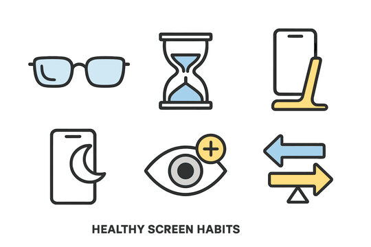 Icons for healthy screen habits: glasses, hourglass, eye, phone, arrows