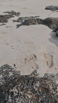 Zypern, Paphos, Meeressand, Steine, Fu&szlig;spuren im Sand, Kinderfu&szlig;abdruck im Sand