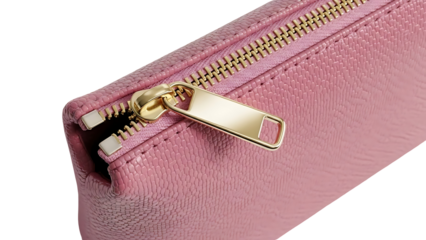 Close up of a pink leather wallet with gold zipper