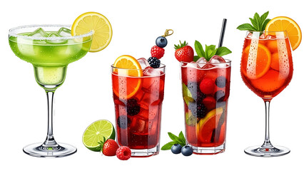 Assortment of colorful fruity cocktails with garnishes