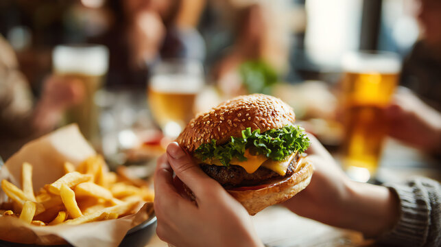 Delicious burger held in hands, surrounded by fries and drinks in a lively restaurant setting.