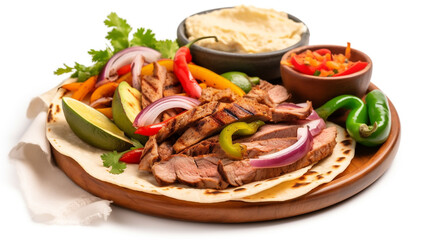 Delicious sizzling steak fajitas platter with peppers onions and accompaniments
