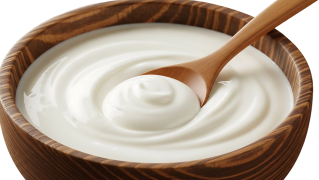 Creamy yogurt swirl in wooden bowl with spoon