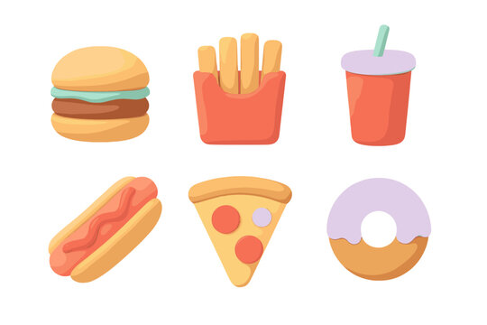 Colorful fast food icons: burger, fries, drink, hot dog, pizza, doughnut