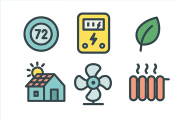 Efficient home energy system icons with renewable elements and temperature control