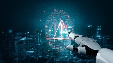 A robotic hand reaches out to interact with a digital alert symbol, symbolizing advancements in technology and artificial intelligence against a modern city backdrop. Gantry