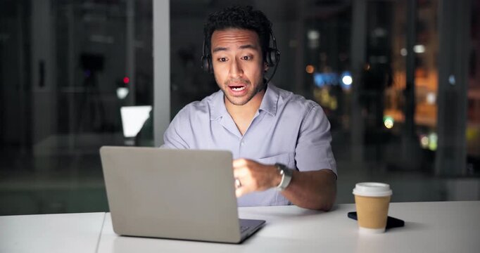Call center, man and frustrated with laptop at night for tech support, difficult client or assistance. Annoyed, agent or talking to international customer for network resolution or wrong instructions