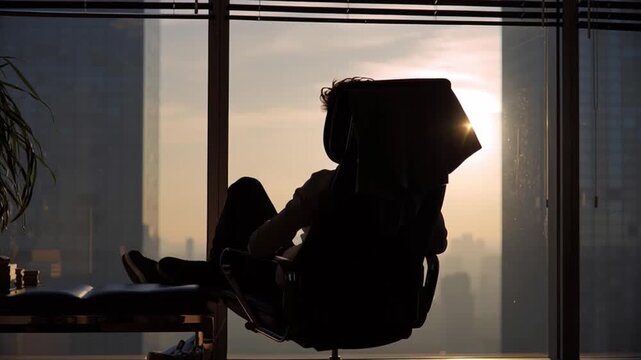 Silhouette businessperson office window sunset relaxation high rise long term health effects silhouette of resting businessperson with seated