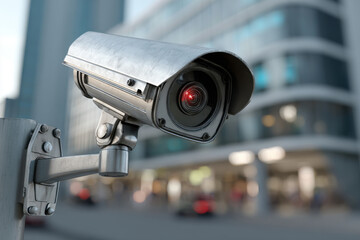 A functional CCTV security camera mounted on a modern building exterior