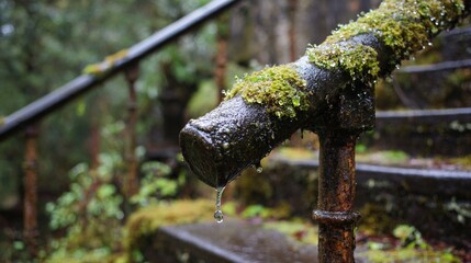 Close-up of moss-covered rusty handrail with dripping water in an abandoned outdoor stairway