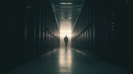 Data Center Silhouette: A solitary figure walks down a long, dimly lit aisle in a massive data center, with rows of servers forming the walls.