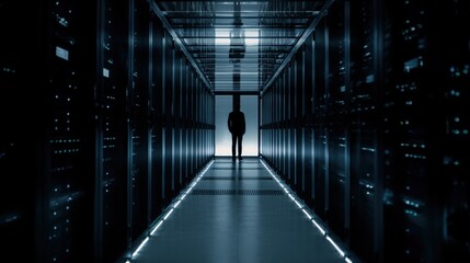 Data Center Sentinel: A solitary figure stands sentinel in a high-tech data center, immersed in a world of digital information and technological infrastructure.