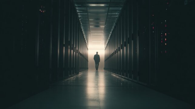 Data Center Silhouette: A solitary figure walks down a long, dimly lit aisle in a massive data center, with rows of servers forming the walls. - Powered by Adobe