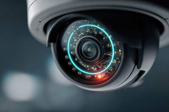 A close-up of a hemispherical CCTV camera with a red beacon