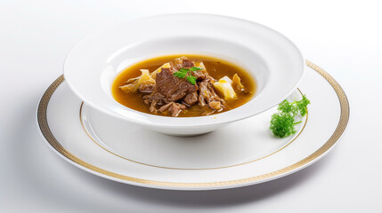 Hearty beef stew served in an elegant white bowl with garnish on a decorative plate