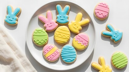 Festive Easter sugar cookies decorated with colorful icing in bunny and egg shapes