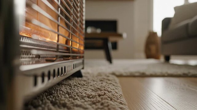 Close-up of a modern gas heater radiating warmth in a cozy living room, creating a comfortable home atmosphere.