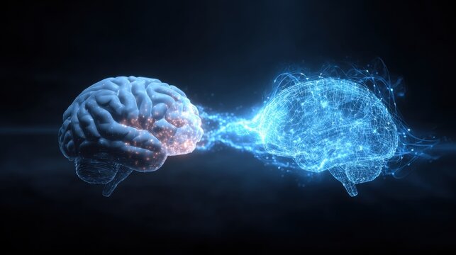 Brain Connectivity: An artistic representation of brain activity, with a focus on interconnectedness and the transmission of information. Two brains, one glowing, the other solid.