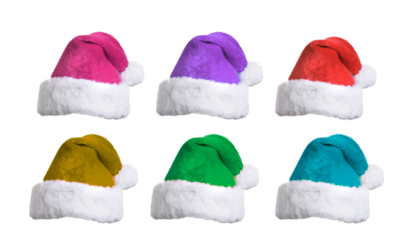 PNG image of Colorful santa hats in pink purple red gold green and teal with white fur trim against a create a festive holiday season vibe for christmas on transparent background