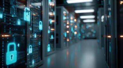 Cyber Fortress: Glimpse into a data center, the heart of digital protection, where servers hum with energy, shielded by a symphony of digital locks. A metaphor of robust security