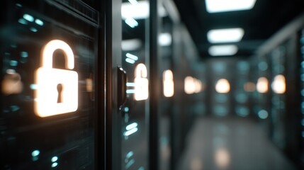 Cybersecurity Gateway: Illuminated locks adorn server racks in a data center, symbolizing secure data storage and protection. The image captures the essence of digital security and network safeguard.