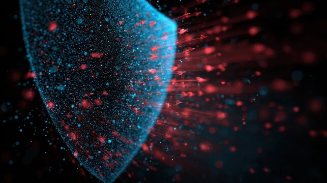 Digital Shield: A visual representation of digital protection and security, showcasing a shield composed of countless particles against a backdrop of data streams.