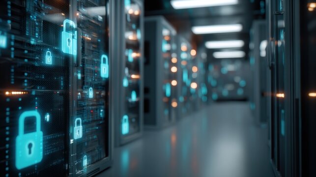 Cyber Fortress: Glimpse into a data center, the heart of digital protection, where servers hum with energy, shielded by a symphony of digital locks. A metaphor of robust security - Powered by Adobe