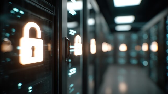 Cybersecurity Gateway: Illuminated locks adorn server racks in a data center, symbolizing secure data storage and protection. The image captures the essence of digital security and network safeguard. - Powered by Adobe