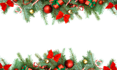 PNG image of Festive christmas background with pine branches red ornaments candy canes and gift boxes creating a holiday border for seasonal greetings and celebrations on transparent background