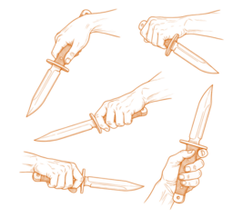 Dynamic Array of Hands Gripping Knives Skillfully Rendered with an Energetic and Edgy Brushstroke Style against a Solid Black Backdrop