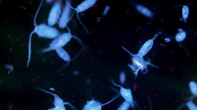 Zooplankton and plankton of the White Sea under a microscope. Various types of Copepoda. Under ultraviolet light.