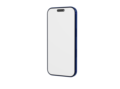 Clean studio shot of a smartphone, showcasing the blank screen with a blue frame, perfect for app designs or te