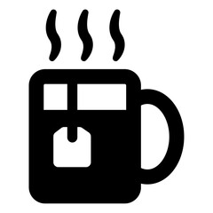 Hot Tea Mug Icon – A clean, bold illustration of a steaming mug with a visible tea bag tag, perfect for representing tea, hot beverages, cafés, relaxation, or warm drink concepts.
