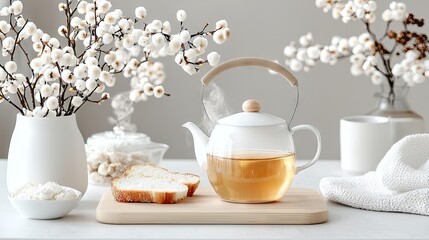 A still life image featuring a white tea kettle with tea, two slices of bread, and white flowers in vases, all arranged on a table. The scene is bright and calm