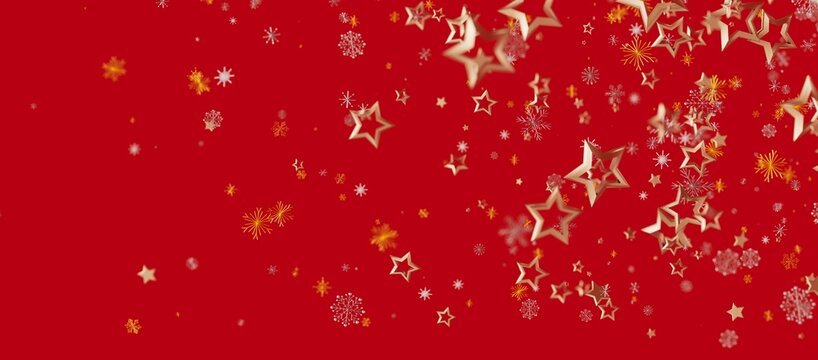 Christmas background with gold stars and snowflakes on a bright red background. Perfect for holiday design and seasonal