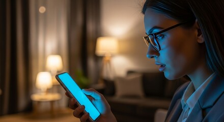 Asian businesswoman wearing glasses using smartphone with blue screen light in modern office environment at night working late