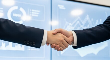 Professional business handshake between two executives in formal dark suits with financial charts and data analytics graphs displayed on transparent digital screen background