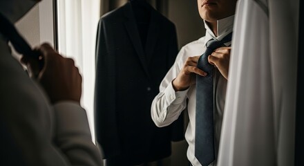 Professional businessman adjusting dark blue tie while looking in mirror getting dressed in formal white shirt and black suit jacket for business meeting