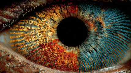 Human eye with digital pattern on iris - concept of uniqueness, identity, biometric identification