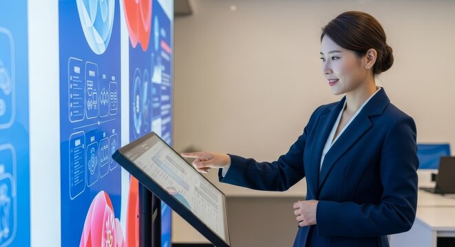Professional Asian businesswoman in navy suit using interactive digital touchscreen kiosk with blue technology interface displaying data analytics and mobile app icons in modern corporate office