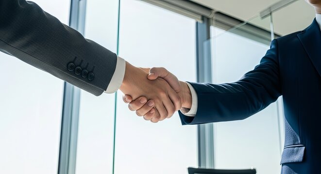 Professional business handshake between two executives in modern office building with glass windows during corporate meeting or partnership agreement negotiation - Powered by Adobe