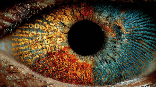 Human eye with digital pattern on iris - concept of uniqueness, identity, biometric identification - Powered by Adobe
