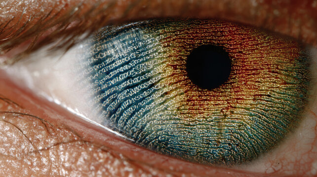 Human eye with fingerprint-like pattern on iris - concept of face scanning, biometric identification