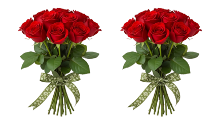 Two red rose bouquets with green ribbons