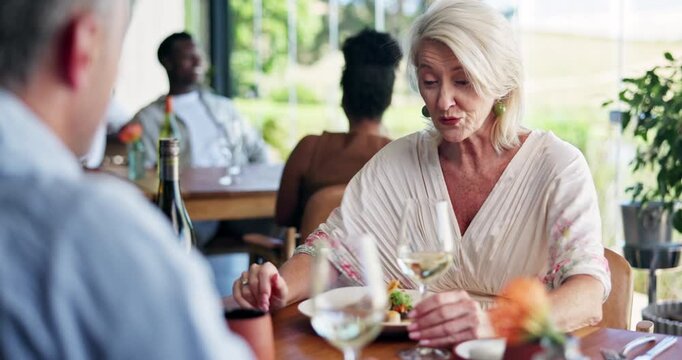 Happy couple, fine dining or conversation with wine in restaurant for romantic dinner date. Man, woman or smile with glass or toast for romance, hospitality or anniversary together at indoor vineyard