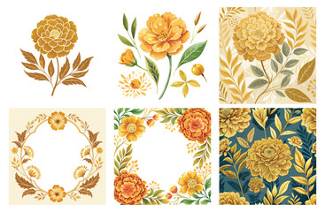 Golden Marigold Vector Set: Rich Yellow-Orange Flowers, Floral Wreath, Round Frame, and Intricate Seamless Patterns for Autumn, Diwali, Wedding Invitations, and Fabric Design