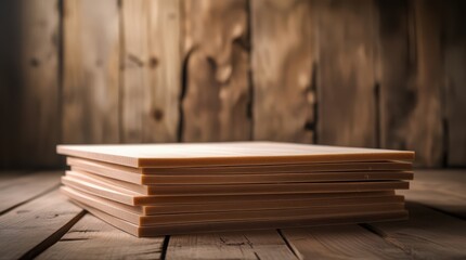 Stack of wooden planks on rustic table and background